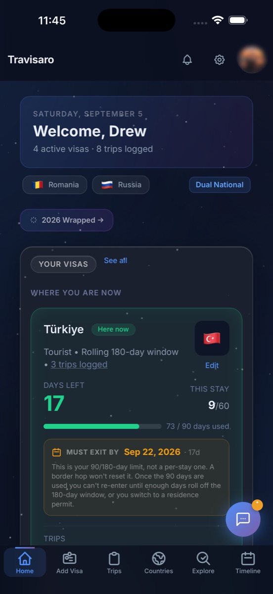 Travisaro home screen showing 17 days left on a Türkiye visa and the date to exit by