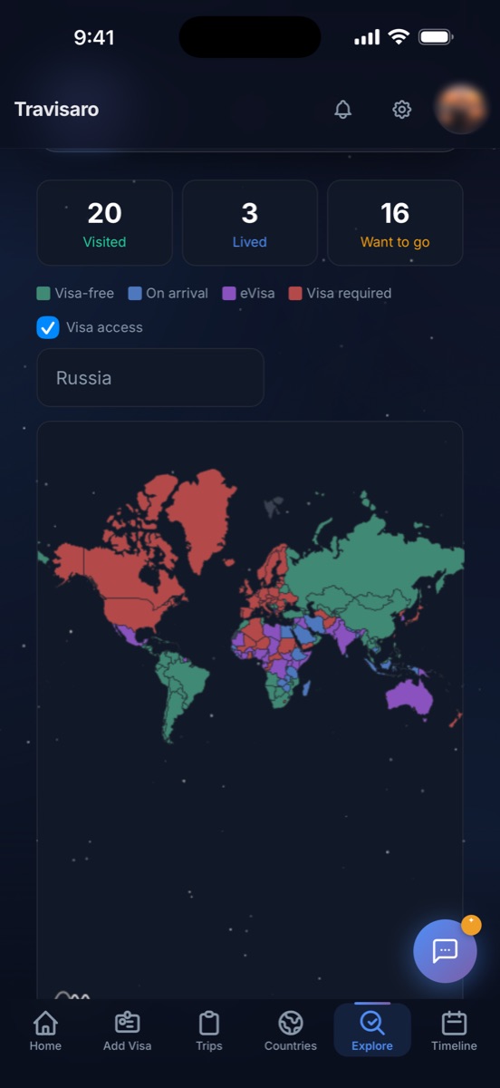 Travisaro explore map showing where your passport lets you travel