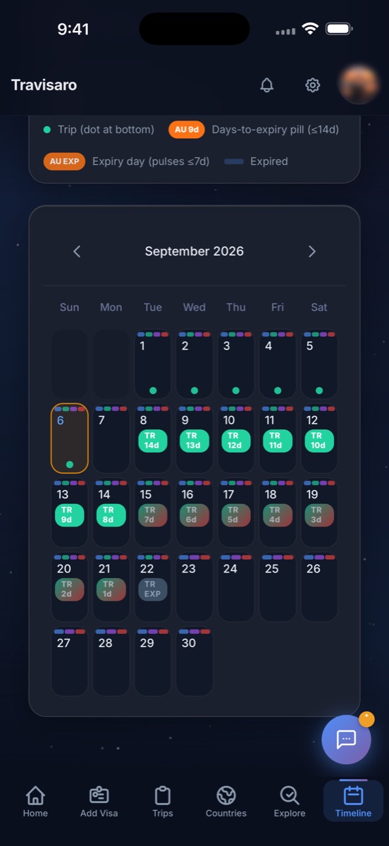 Travisaro timeline calendar for September 2026 with a days-left pill on each trip day